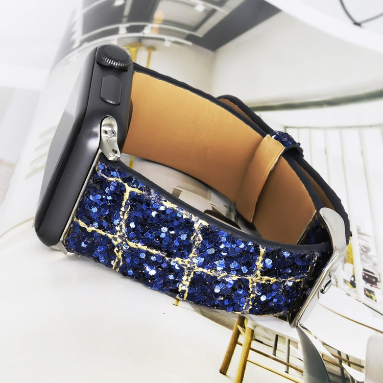 For Apple Watch Series 8&7 41mm / SE 2&6&SE&5&4 40mm / 3&2&1 38mm Glitter Sequins Leather Watch Band(Blue Gold) by bashfashion