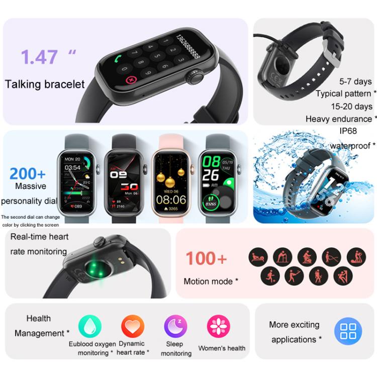 QS50 1.47inch TFT Screen Smart Wristband Support Bluetooth Calling / Oxygen Detection / Sleep Detection / Heart Rate Detection(Gray Green) by bashfashion